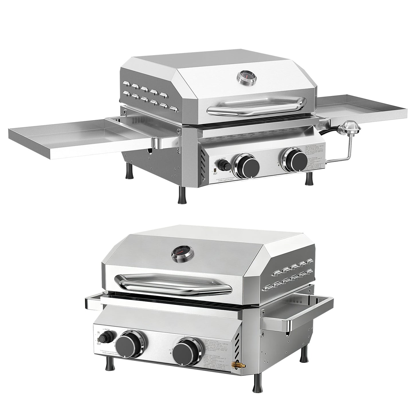 R.W.FLAME Stainless Steel Tabletop Gas Grill – 16,000 BTU Dual Burners with Dual Side Storage Platforms
