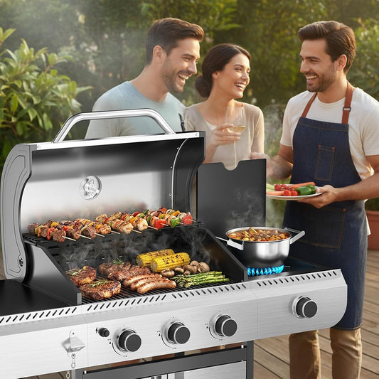 34,000 BTU 3-Burner Stainless Steel Propane Gas Grill with Side Burner & Porcelain-Enameled Cooking Grates