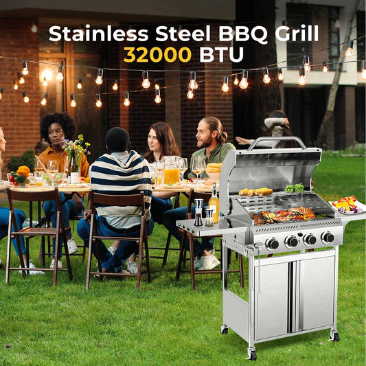 32,000 BTU 4-Burner Stainless Steel Propane Gas Grill with Folding Side Tables