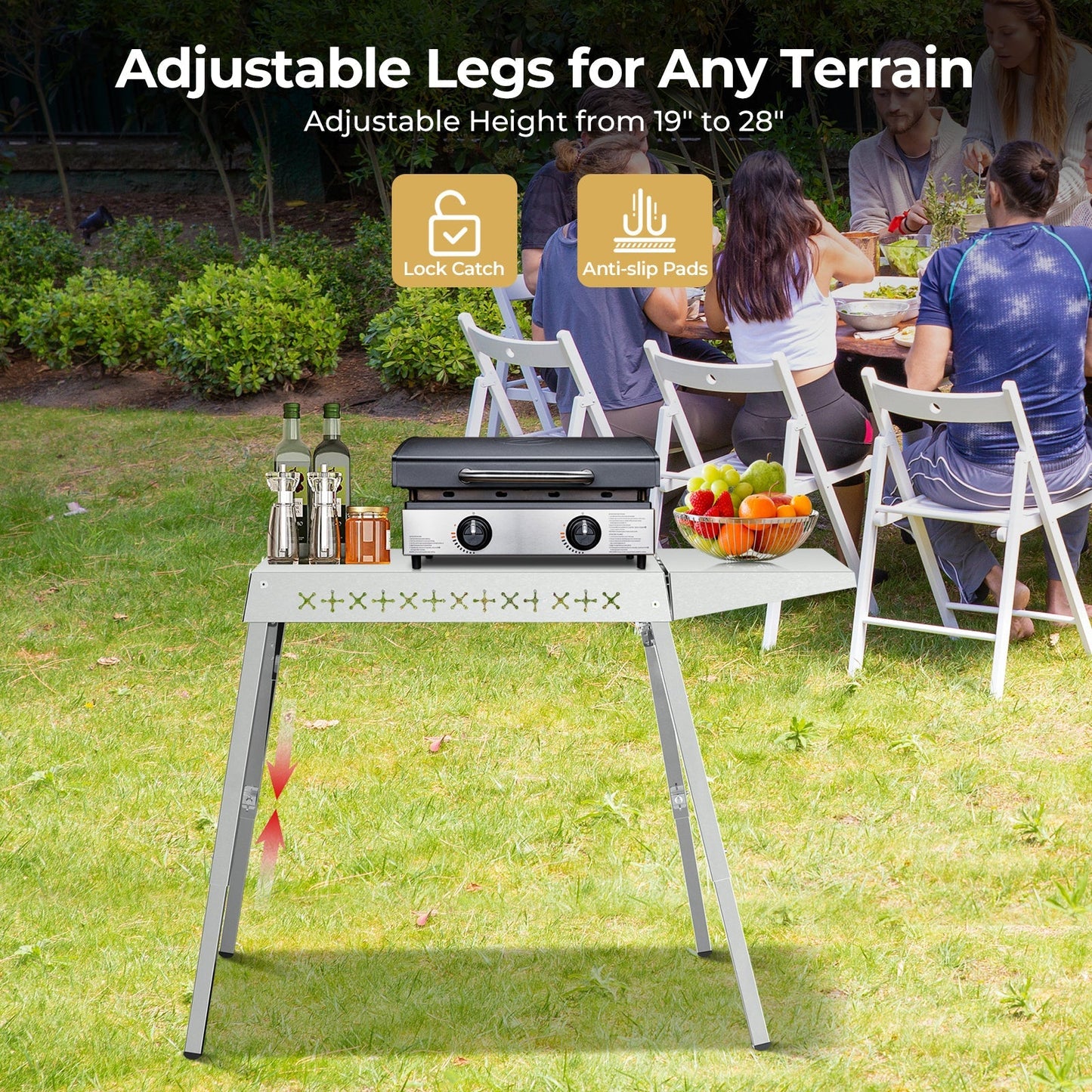 R.W.FLAME Foldable Stainless Steel Grill Prep Table with Adjustable Height Legs