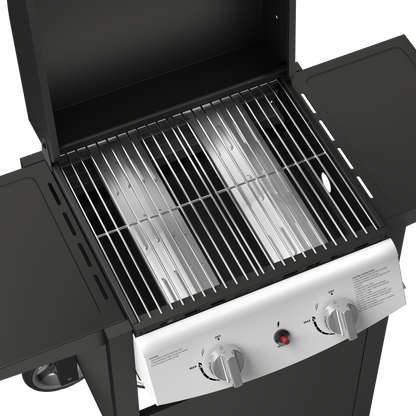 20,000 BTU 2-Burner Propane BBQ Grill, Stainless Steel with Side Shelves & Rolling Wheels