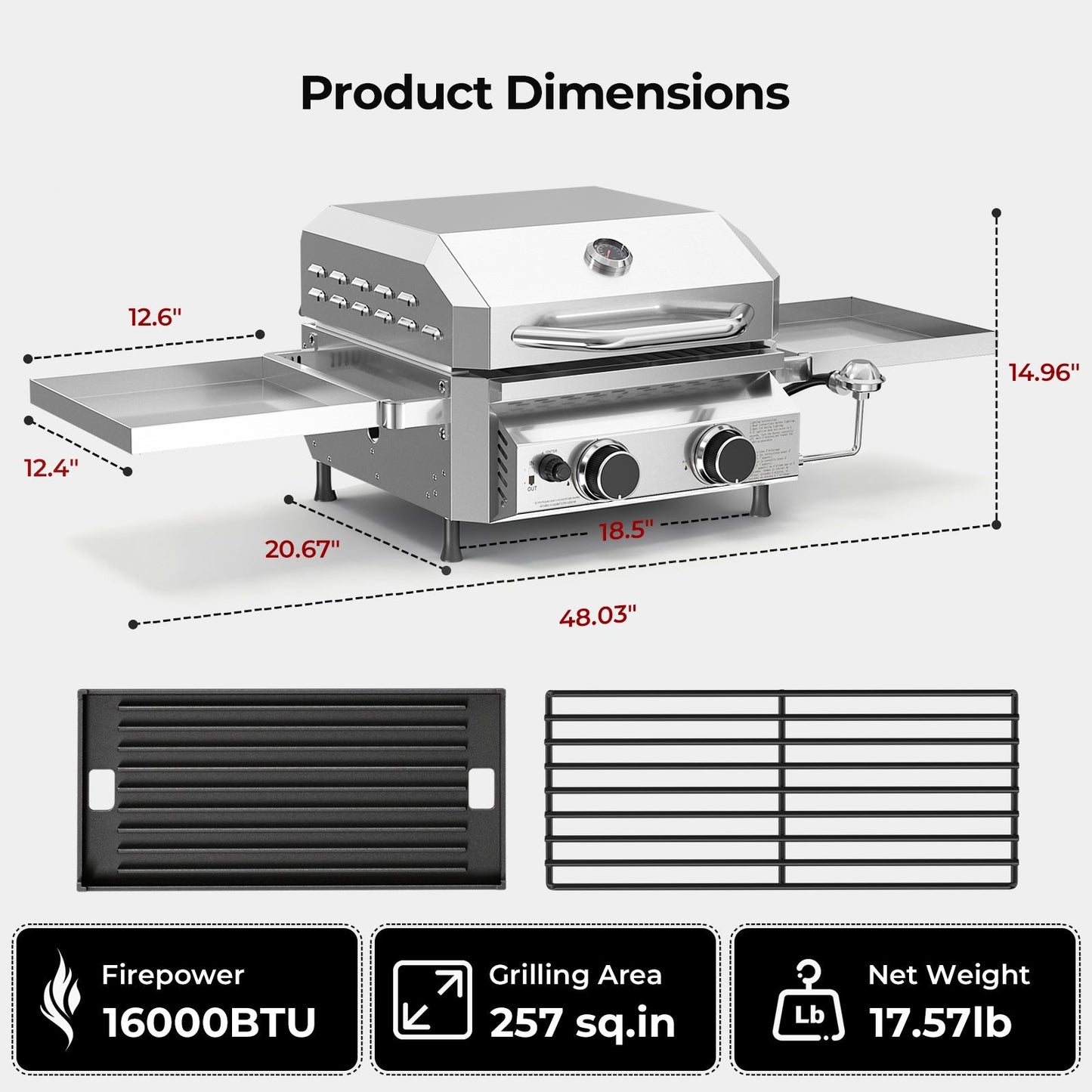R.W.FLAME Stainless Steel Tabletop Gas Grill – 16,000 BTU Dual Burners with Dual Side Storage Platforms
