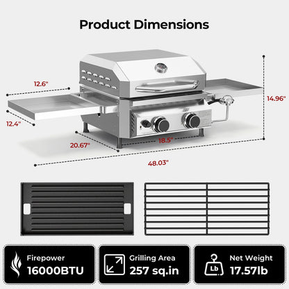 R.W.FLAME Stainless Steel Tabletop Gas Grill – 16,000 BTU Dual Burners with Dual Side Storage Platforms