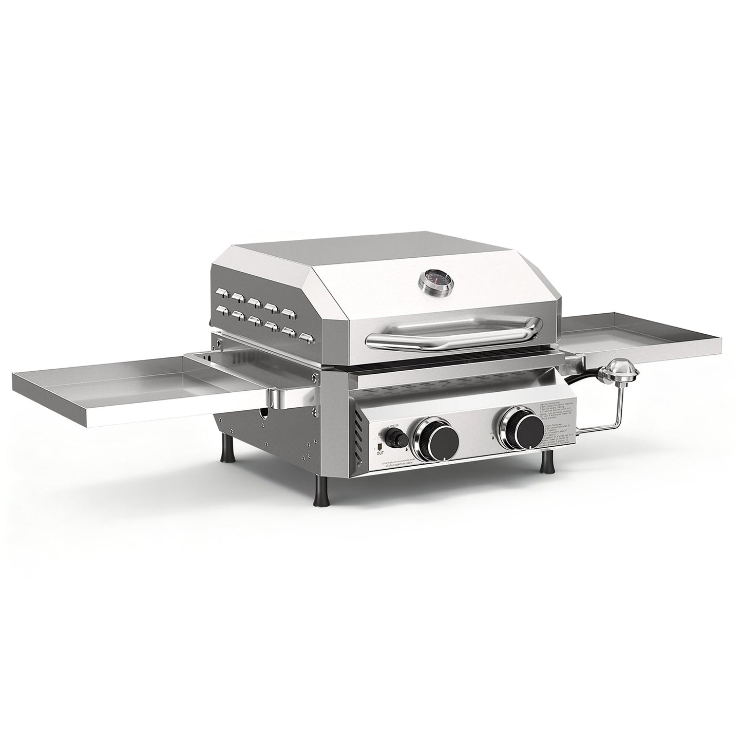 R.W.FLAME Stainless Steel Tabletop Gas Grill – 16,000 BTU Dual Burners with Dual Side Storage Platforms