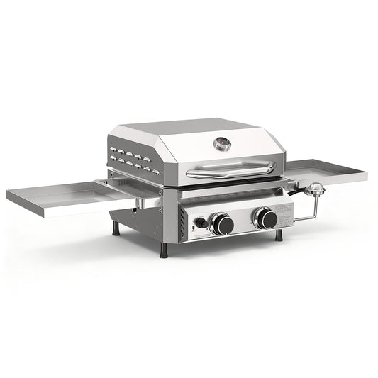 R.W.FLAME Stainless Steel Tabletop Gas Grill – 16,000 BTU Dual Burners with Dual Side Storage Platforms