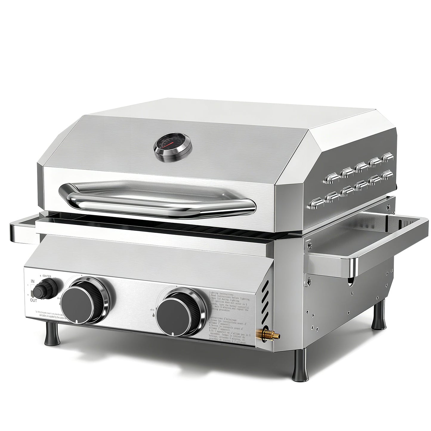 R.W.FLAME Stainless Steel Tabletop Gas Grill – 16,000 BTU Dual Burners with Dual Side Storage Platforms