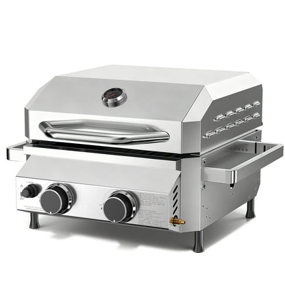 R.W.FLAME Stainless Steel Tabletop Gas Grill – 16,000 BTU Dual Burners with Dual Side Storage Platforms