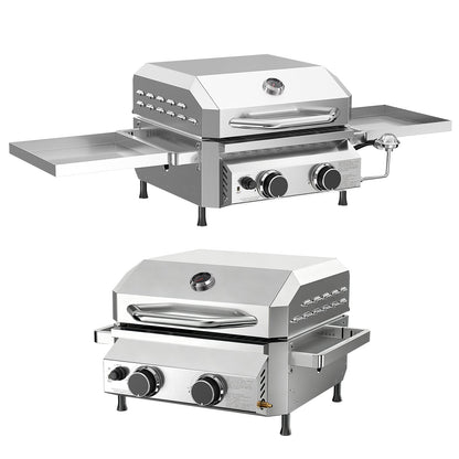 R.W.FLAME Stainless Steel Tabletop Gas Grill – 16,000 BTU Dual Burners with Dual Side Storage Platforms