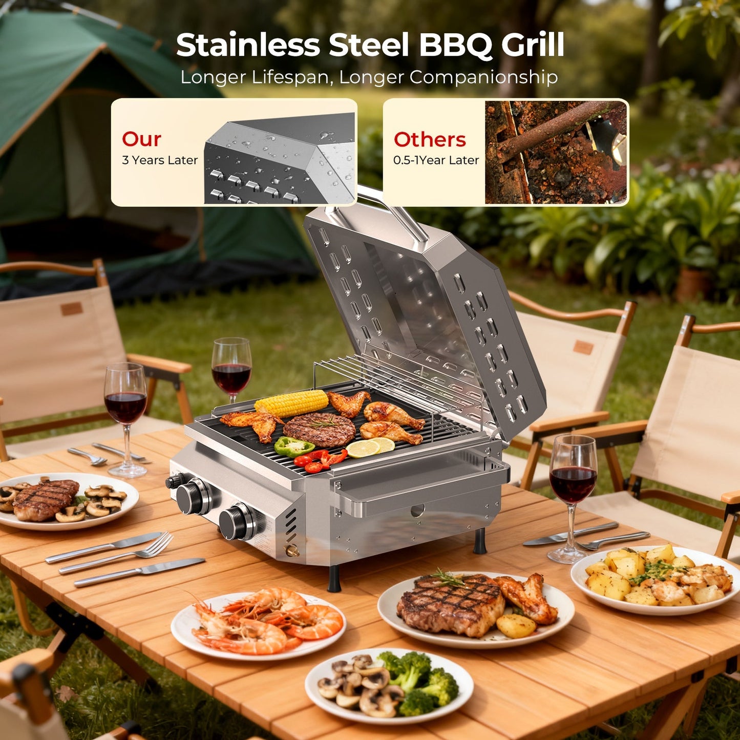 R.W.FLAME Stainless Steel Tabletop Gas Grill – 16,000 BTU Dual Burners with Dual Side Storage Platforms