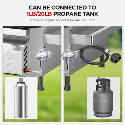 R.W.FLAME Stainless Steel Tabletop Gas Grill – 16,000 BTU Dual Burners with Dual Side Storage Platforms