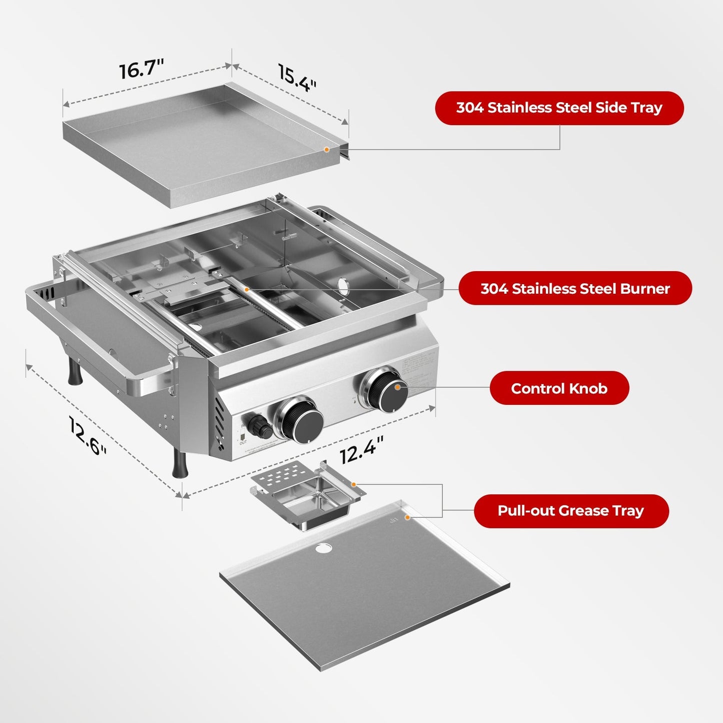 R.W.FLAME Stainless Steel Tabletop Gas Grill – 16,000 BTU Dual Burners with Dual Side Storage Platforms