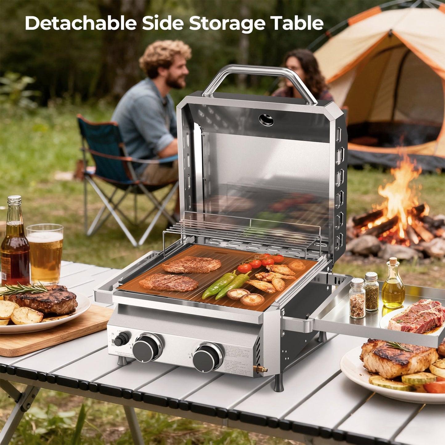 R.W.FLAME Stainless Steel Tabletop Gas Grill – 16,000 BTU Dual Burners with Dual Side Storage Platforms