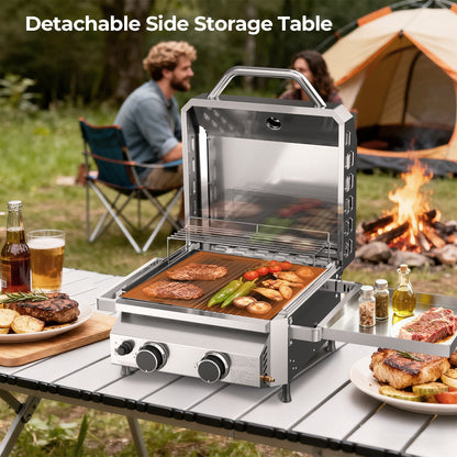 R.W.FLAME Stainless Steel Tabletop Gas Grill – 16,000 BTU Dual Burners with Dual Side Storage Platforms