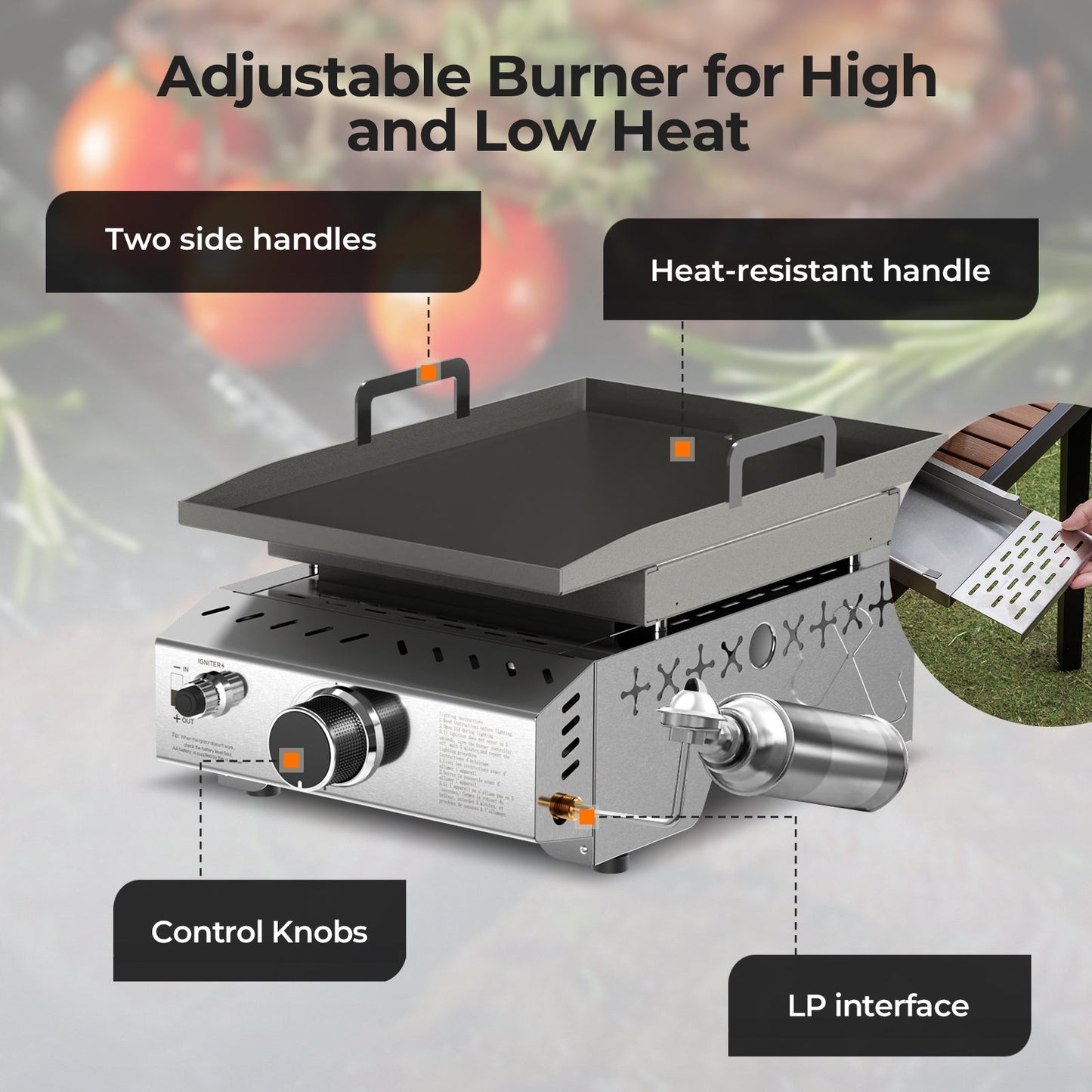R.W.FLAME 8000 BTU Stainless Steel Tabletop Propane Grill – 18” with Convenient Handle