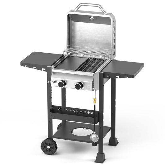 Stainless Steel 2-Burner Propane Gas Grill, 16,000 BTU Featuring Side Storage Shelves