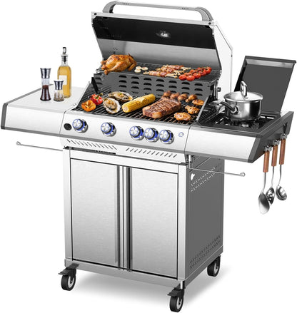 42,000 BTU 4-Burner Propane Gas Grill with Side Burner, Constructed from 304 Stainless Steel