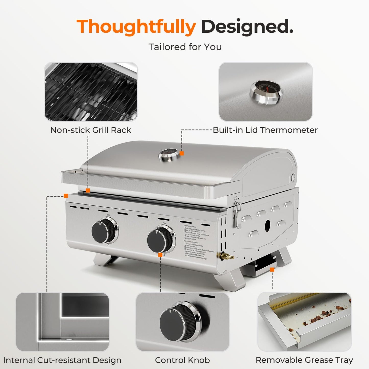 Stainless Steel 2-Burner Tabletop Propane Grill – 16,000 BTU with Foldable Legs