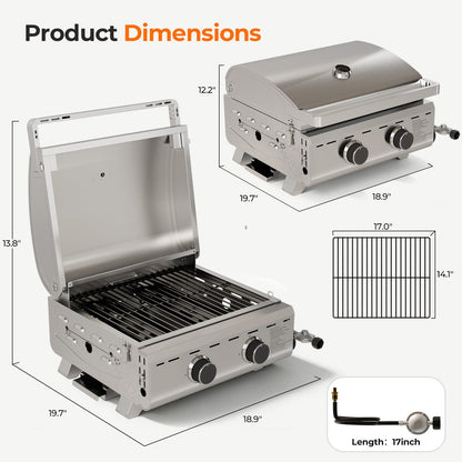 Stainless Steel 2-Burner Tabletop Propane Grill – 16,000 BTU with Foldable Legs