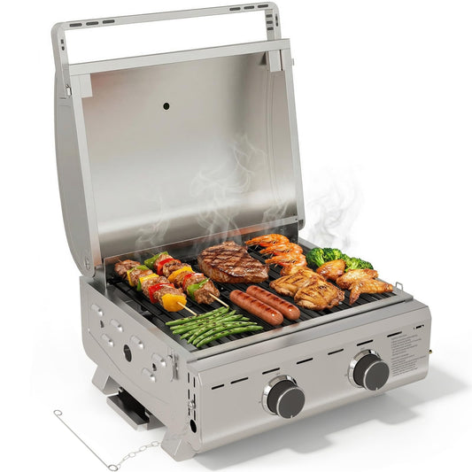 Stainless Steel 2-Burner Tabletop Propane Grill – 16,000 BTU with Foldable Legs