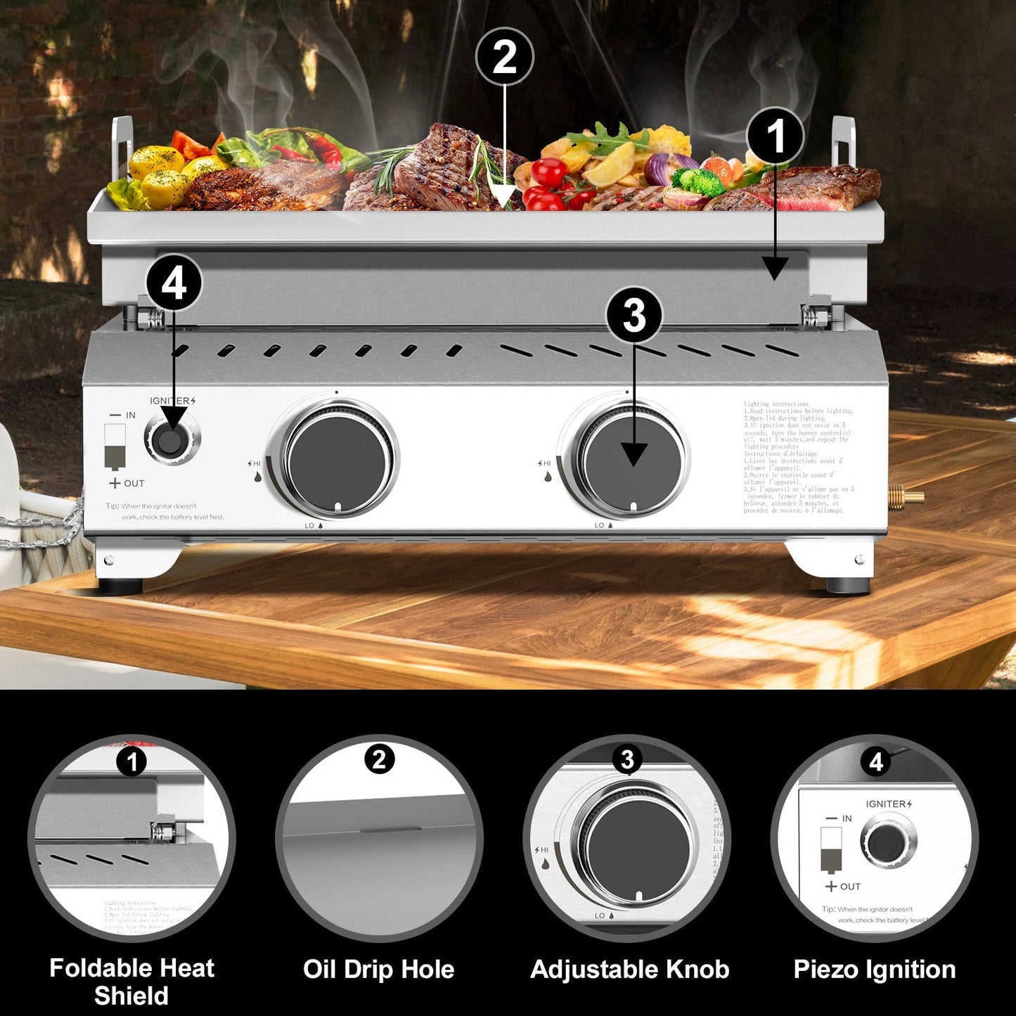 R.W.FLAME Compact 2-Burner Tabletop Gas Grill – 16,000 BTU Stainless Steel, Compatible with LPG and Small Canisters