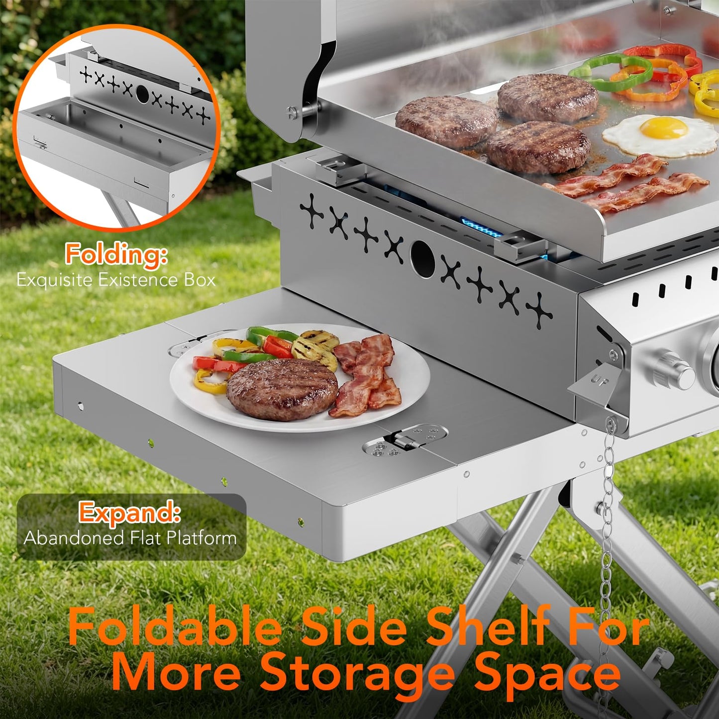 24,000 BTU 3-Burner Propane Gas Griddle with Collapsible Stand, SUS304 Stainless Steel