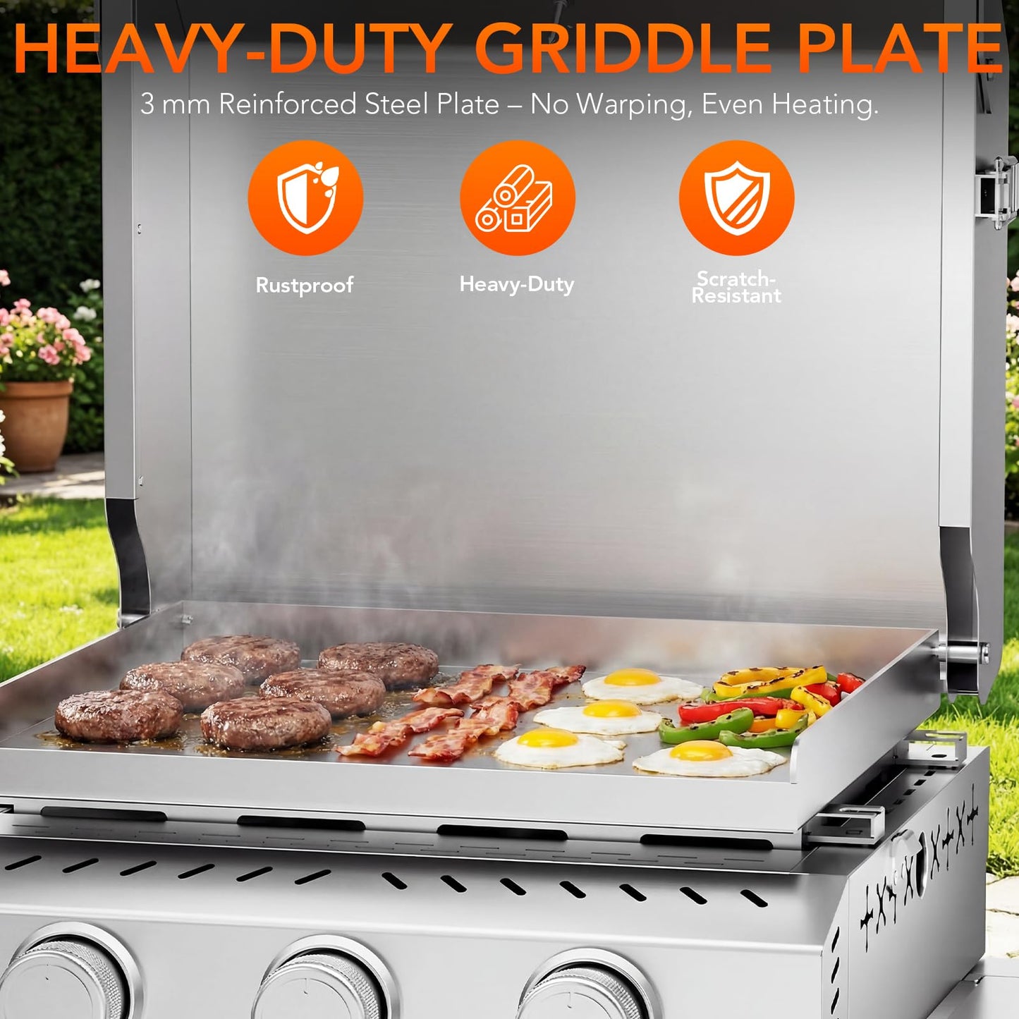 24,000 BTU 3-Burner Propane Gas Griddle with Collapsible Stand, SUS304 Stainless Steel