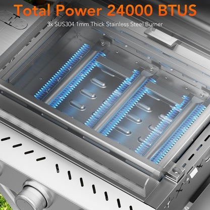 24,000 BTU 3-Burner Propane Gas Griddle with Collapsible Stand, SUS304 Stainless Steel