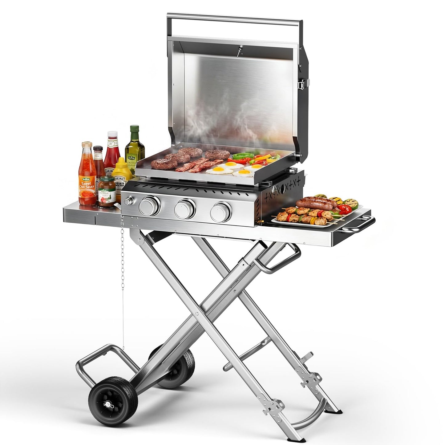 24,000 BTU 3-Burner Propane Gas Griddle with Collapsible Stand, SUS304 Stainless Steel