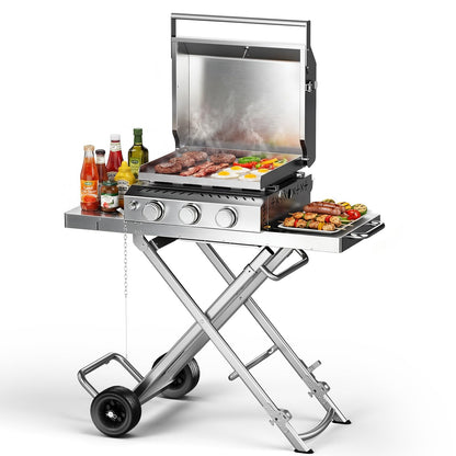 24,000 BTU 3-Burner Propane Gas Griddle with Collapsible Stand, SUS304 Stainless Steel