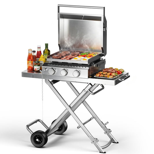 24,000 BTU 3-Burner Propane Gas Griddle with Collapsible Stand, SUS304 Stainless Steel