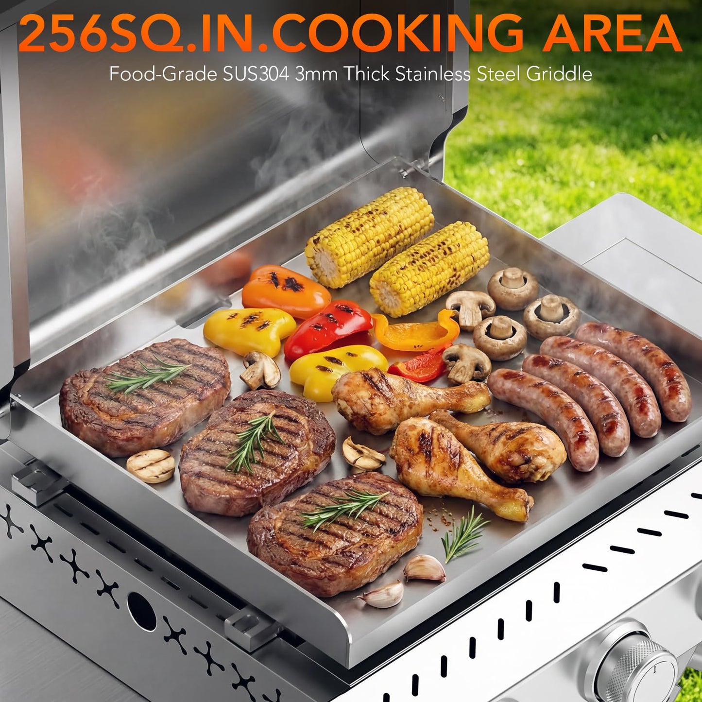 24,000 BTU 3-Burner Propane Gas Griddle with Collapsible Stand, SUS304 Stainless Steel