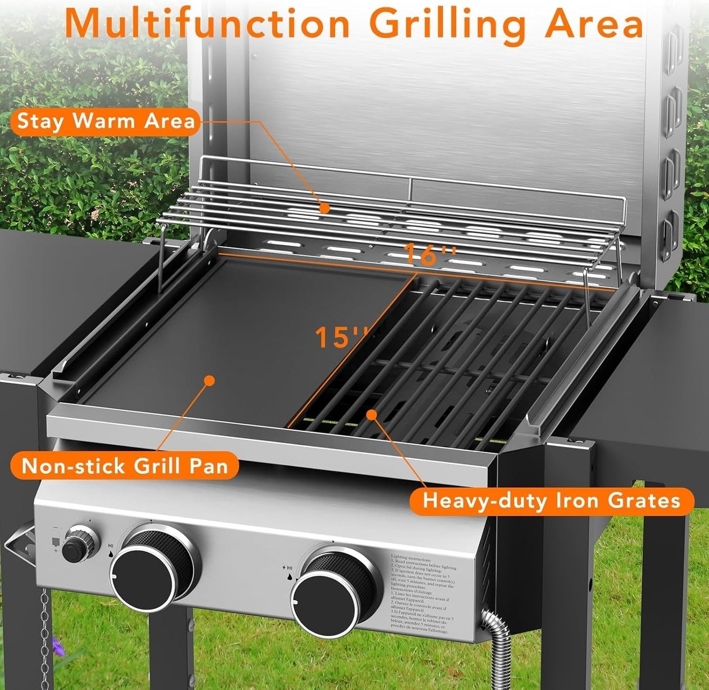 Stainless Steel 2-Burner Propane Gas Grill, 16,000 BTU Featuring Side Storage Shelves