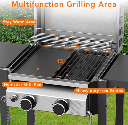 Stainless Steel 2-Burner Propane Gas Grill, 16,000 BTU Featuring Side Storage Shelves