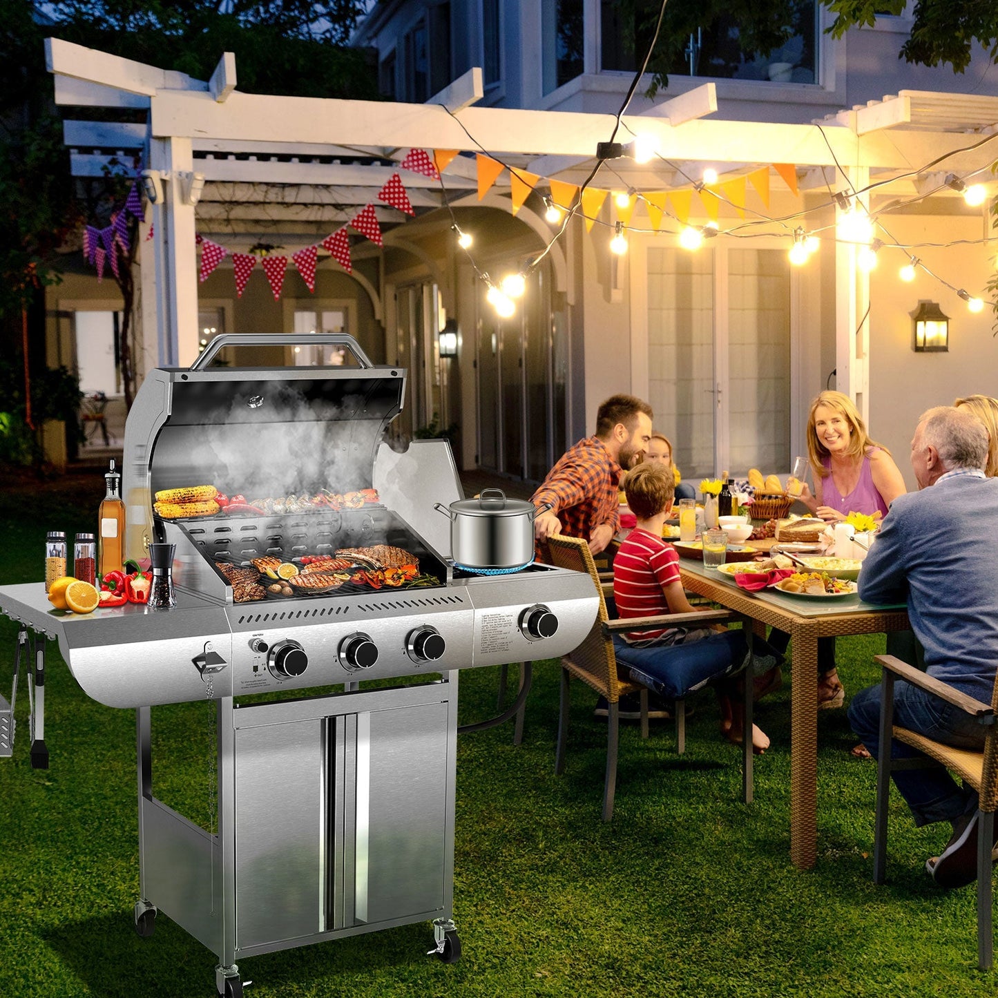 34,000 BTU 3-Burner Stainless Steel Propane Gas Grill with Side Burner