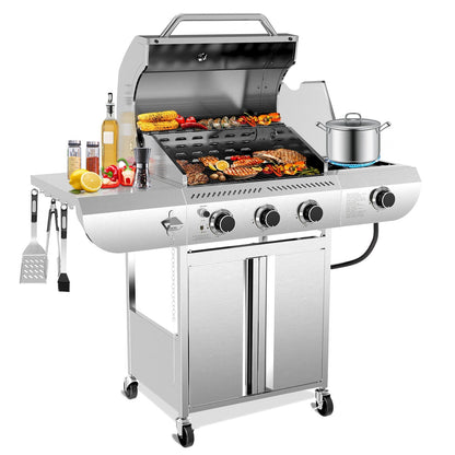 34,000 BTU 3-Burner Stainless Steel Propane Gas Grill with Side Burner