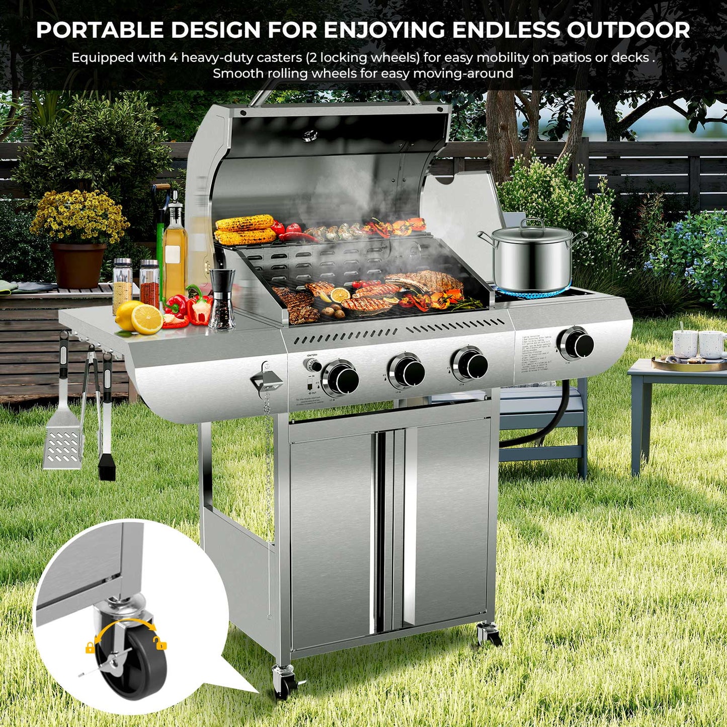 34,000 BTU 3-Burner Stainless Steel Propane Gas Grill with Side Burner