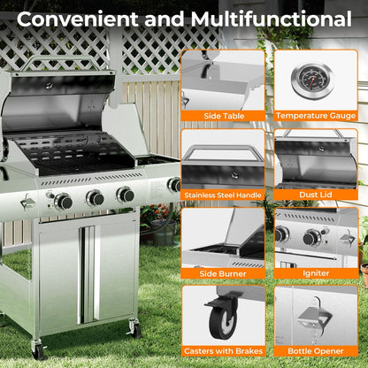 34,000 BTU 3-Burner Stainless Steel Propane Gas Grill with Side Burner