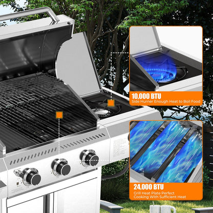 34,000 BTU 3-Burner Stainless Steel Propane Gas Grill with Side Burner