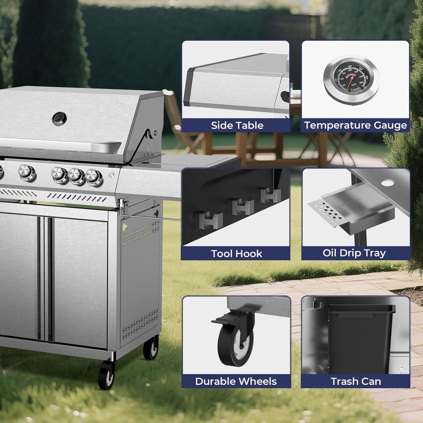 42,000 BTU 4-Burner Propane Gas Grill with Side Burner, Constructed from 304 Stainless Steel