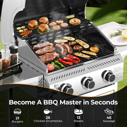 24,000 BTU 3-Burner Stainless Steel Propane Gas Grill with Folding Side Tables