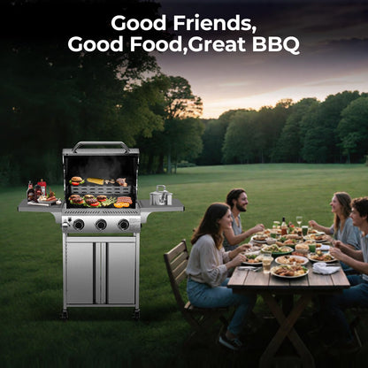 24,000 BTU 3-Burner Stainless Steel Propane Gas Grill with Folding Side Tables