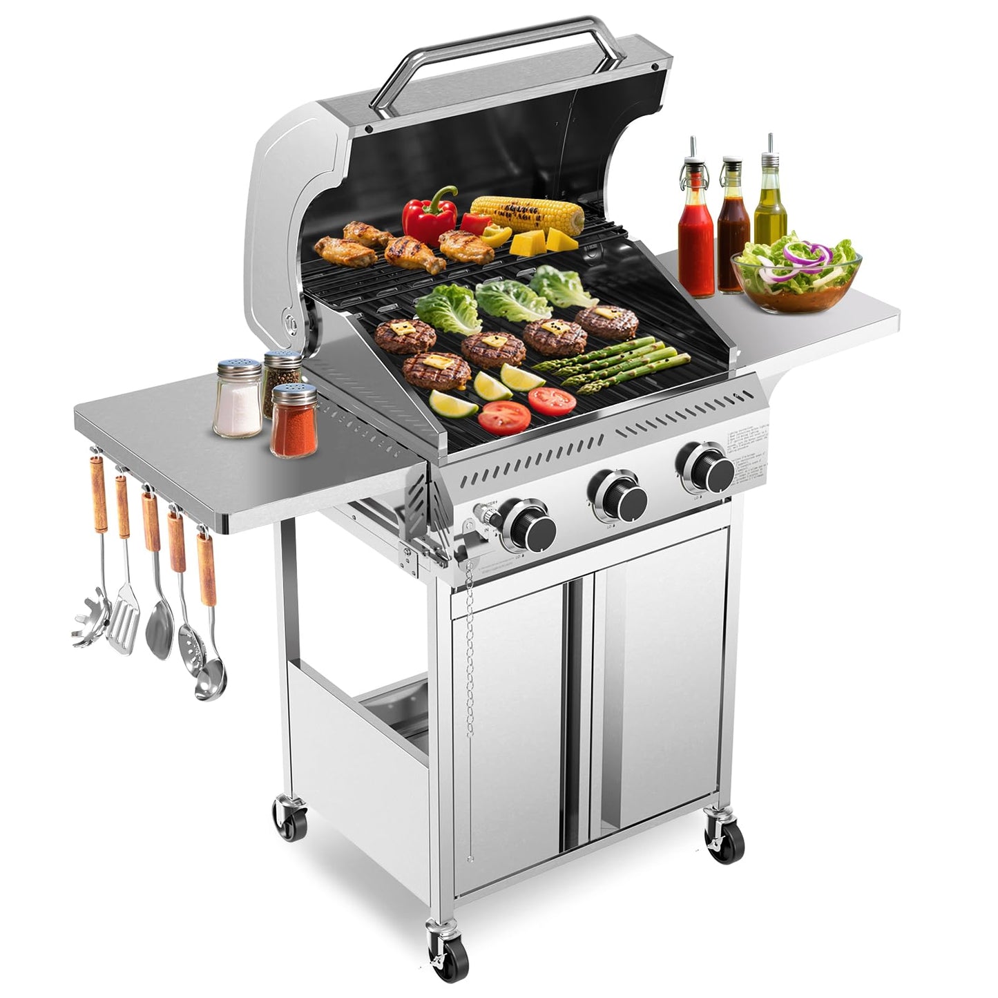 24,000 BTU 3-Burner Stainless Steel Propane Gas Grill with Folding Side Tables