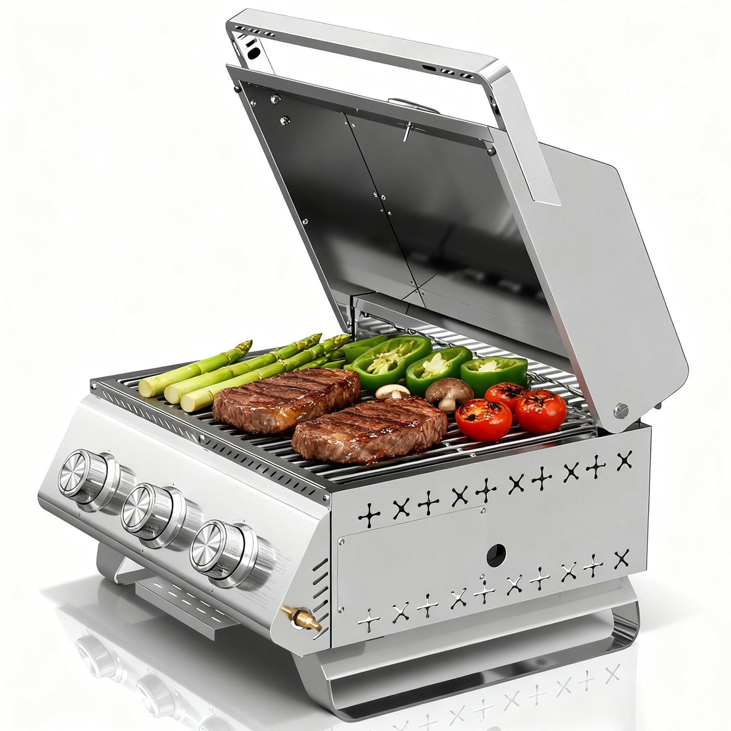 24,000 BTU 3-Burner Tabletop Propane Gas Grill, 304 Stainless Steel for Parties, Camping & RV Use