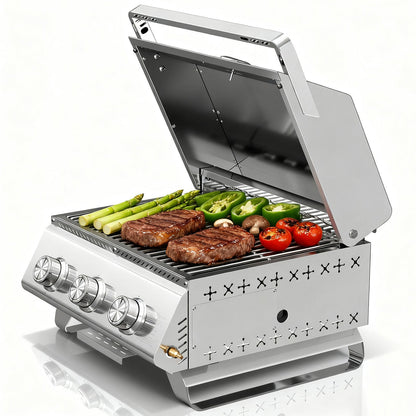 24,000 BTU 3-Burner Tabletop Propane Gas Grill, 304 Stainless Steel for Parties, Camping & RV Use