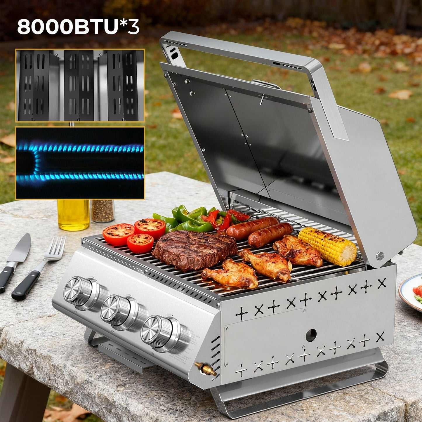 24,000 BTU 3-Burner Tabletop Propane Gas Grill, 304 Stainless Steel for Parties, Camping & RV Use