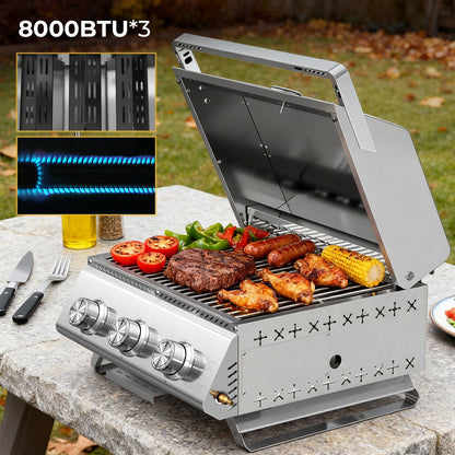 24,000 BTU 3-Burner Tabletop Propane Gas Grill, 304 Stainless Steel for Parties, Camping & RV Use