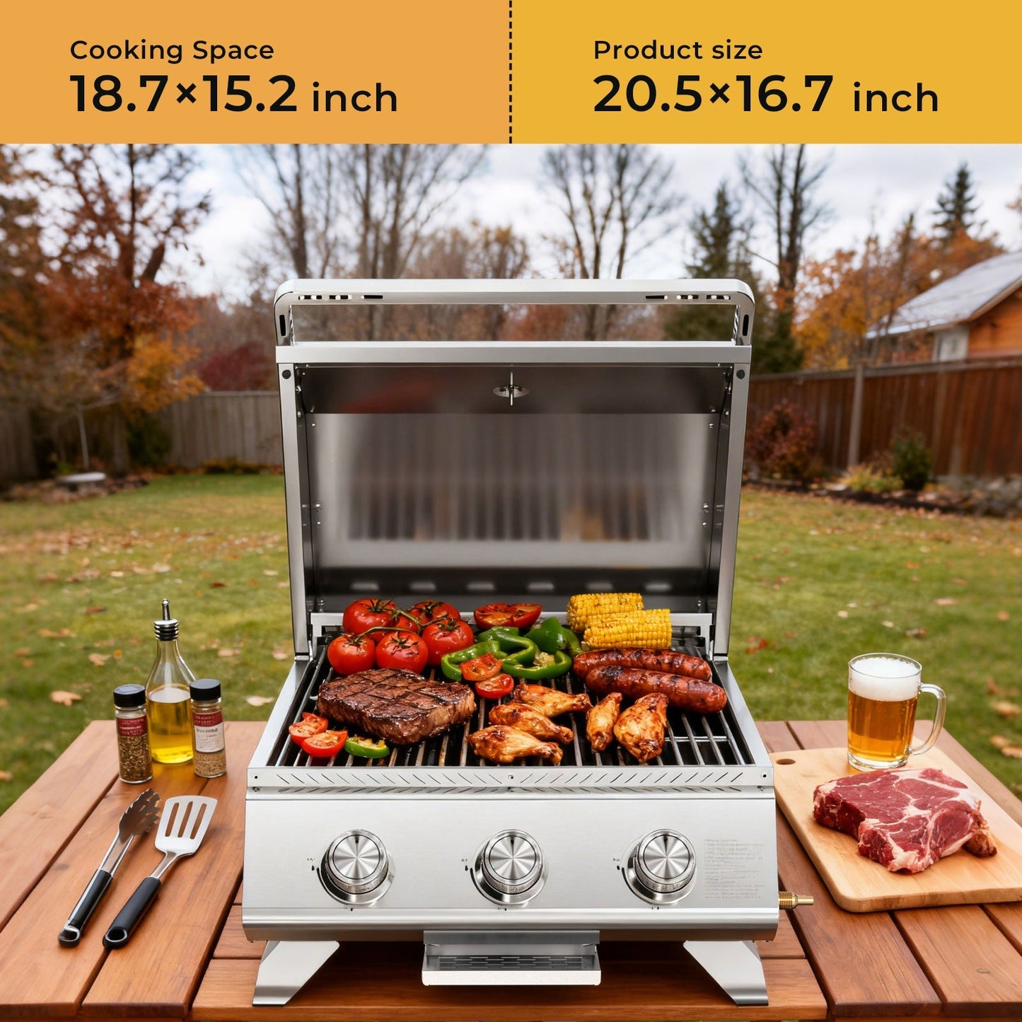 24,000 BTU 3-Burner Tabletop Propane Gas Grill, 304 Stainless Steel for Parties, Camping & RV Use