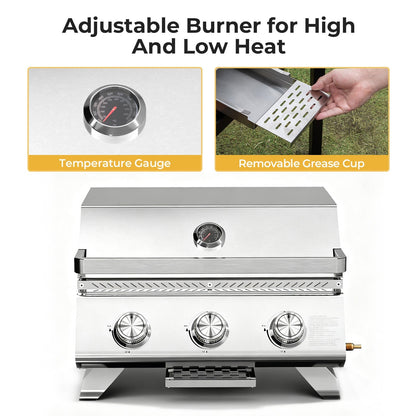 24,000 BTU 3-Burner Tabletop Propane Gas Grill, 304 Stainless Steel for Parties, Camping & RV Use