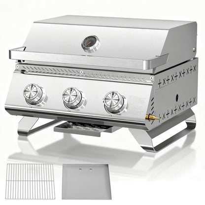 24,000 BTU 3-Burner Tabletop Propane Gas Grill, 304 Stainless Steel for Parties, Camping & RV Use