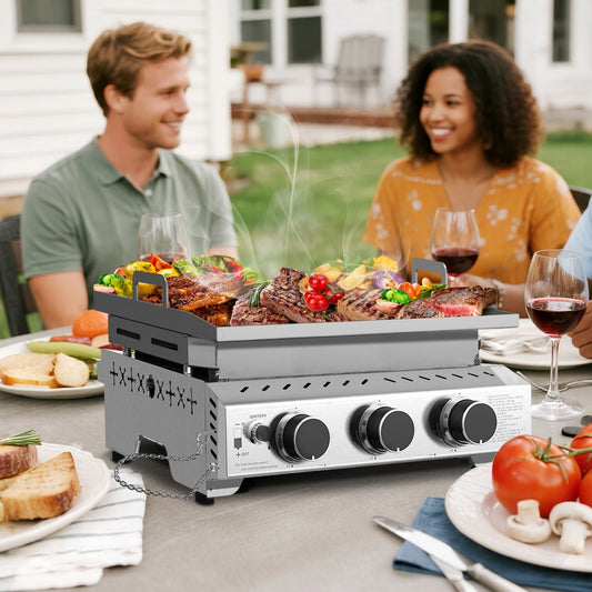 R.W.FLAME 24,000 BTU 3-Burner Stainless Steel Tabletop Grill – Ideal for BBQ, Camping & Picnic Use